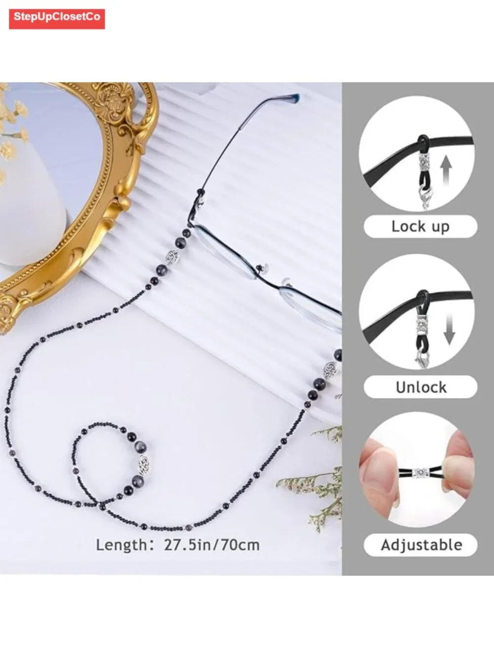 Beaded Eyeglass Chain for Women - Obsidian & Acrylic Glasses Holder Necklace